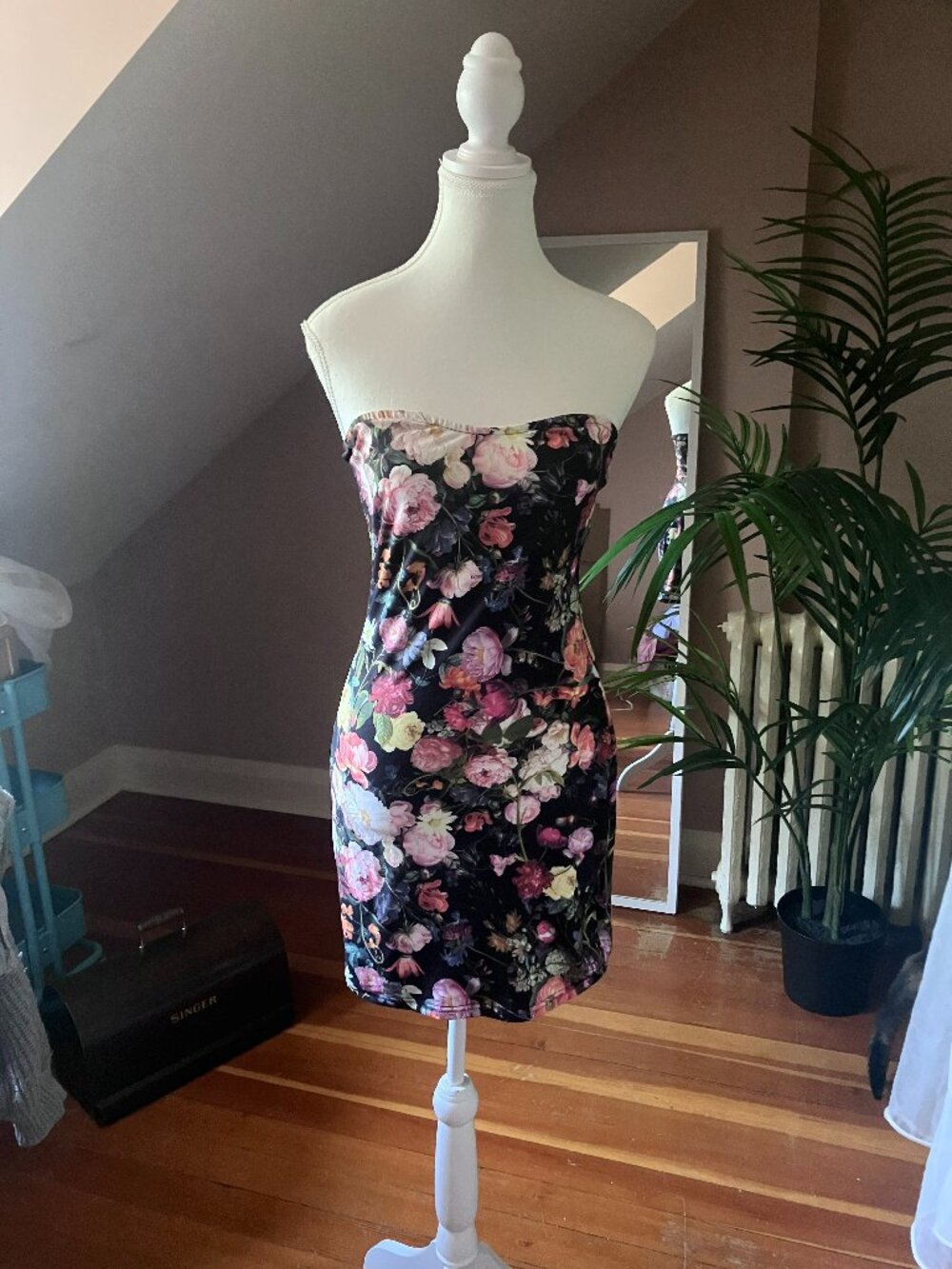 Black floral bodycon dress printed mini stretchy tropical beachy sundress summer